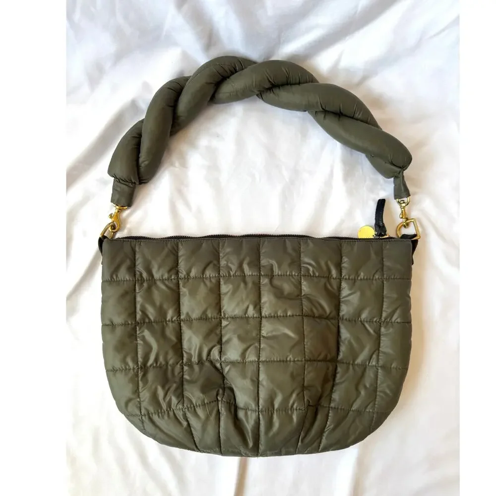 Rare Clare V Quilted Puffy Nylon Moyen Bag, Army Olive Green, Puffy Twist Strap